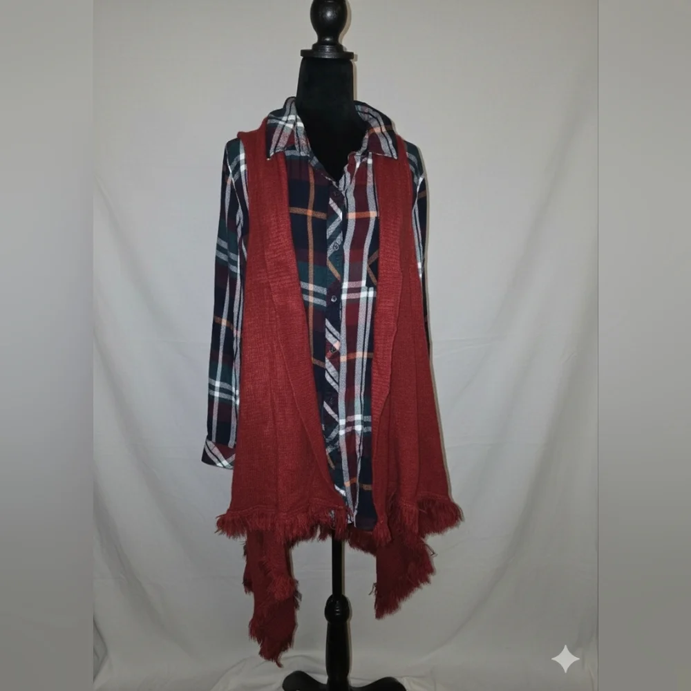 2 Piece Western BOHO 100% Rayon Plaid Top, Fringe Sweater Vest Sz 26/28